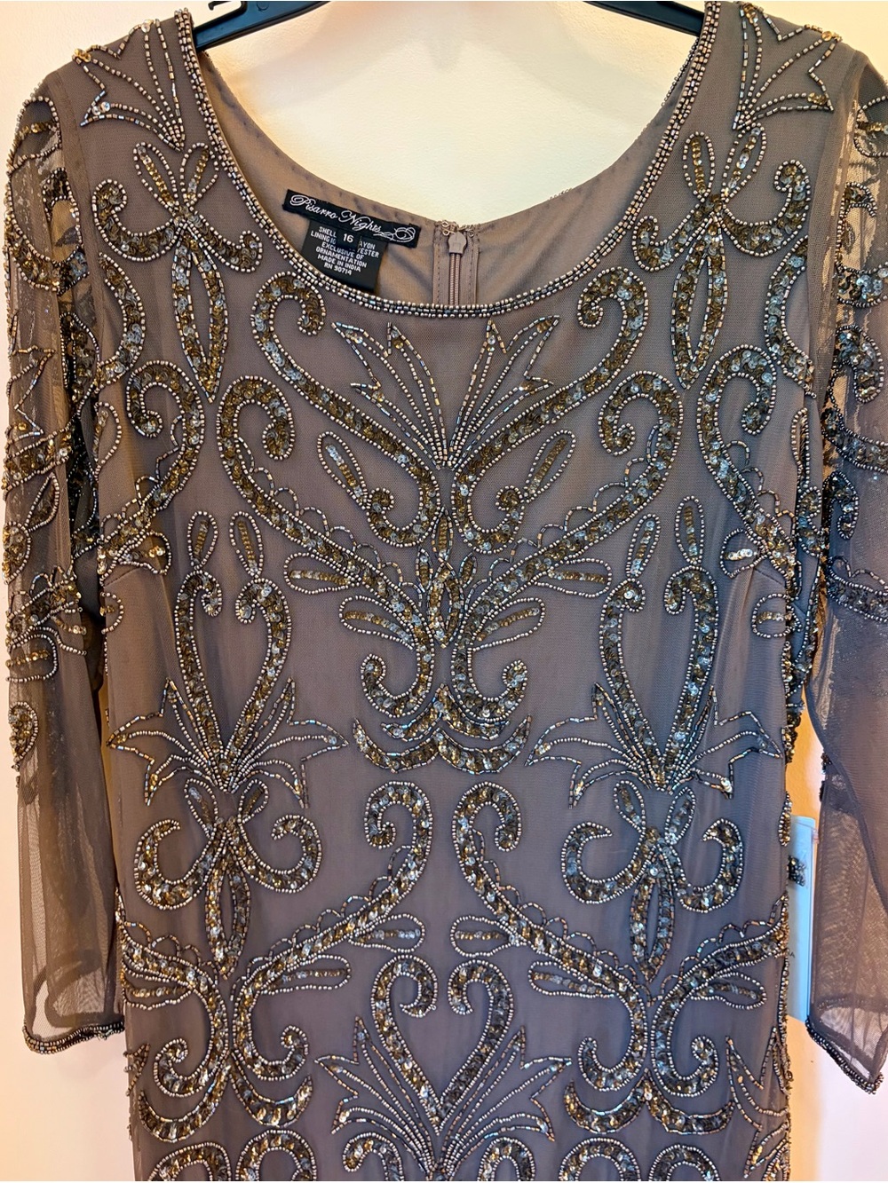 Adrianna Papell Mocha Beaded Sheer Overlay Evening Dress - Picture 8 of 12